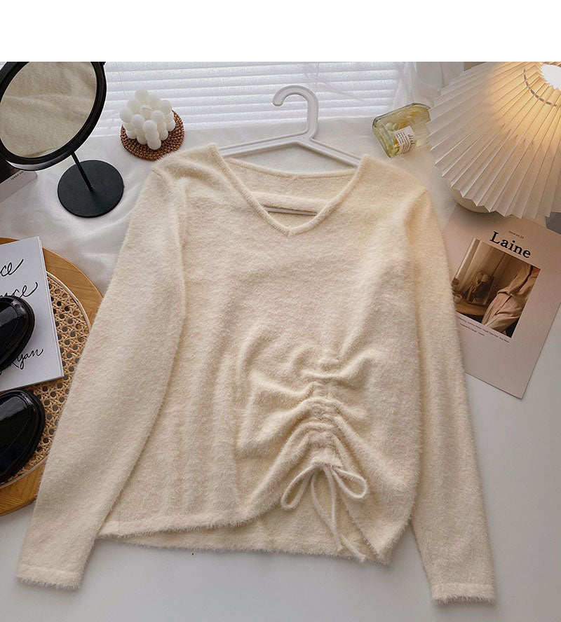 Imitation mink sweater niche V-neck drawstring slim top  6577