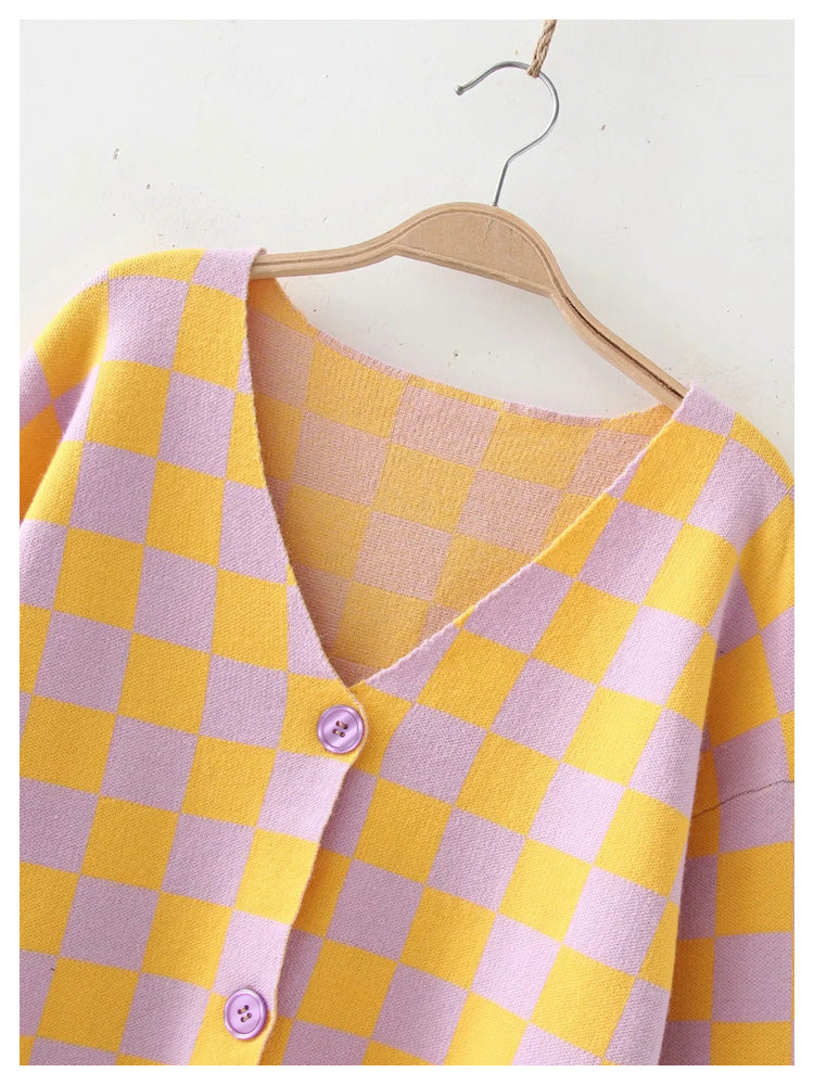 New contrast checkerboard checkered casual knitted cardigan  7240