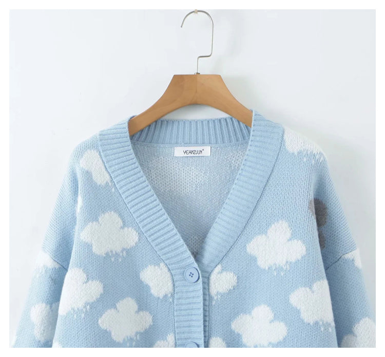 Sweet aging V-neck cloud jacquard knitted cardigan  7312