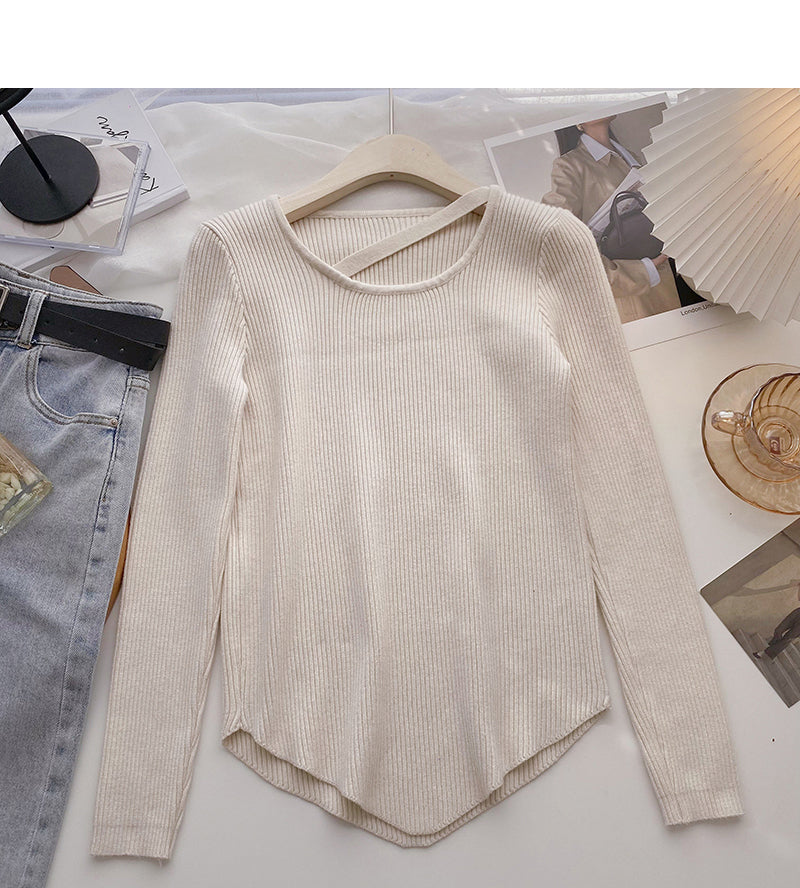 Design sense crew neck T-shirt solid color versatile long sleeve bottoming shirt  6693