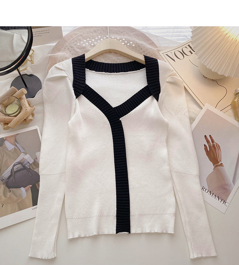 French square neck contrast thin long sleeve sweater  6625
