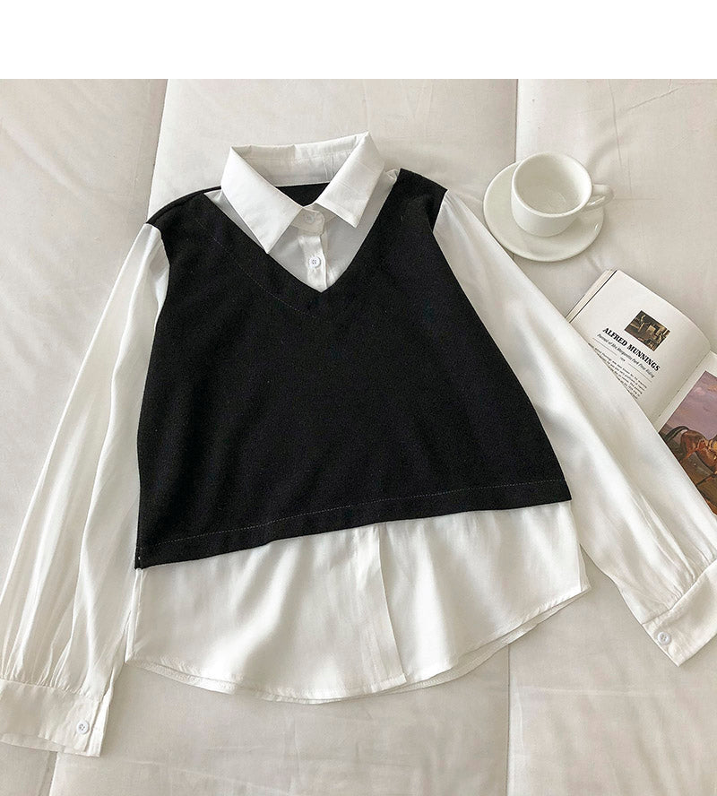 Design sense stitching fake two thin sweaters  6450