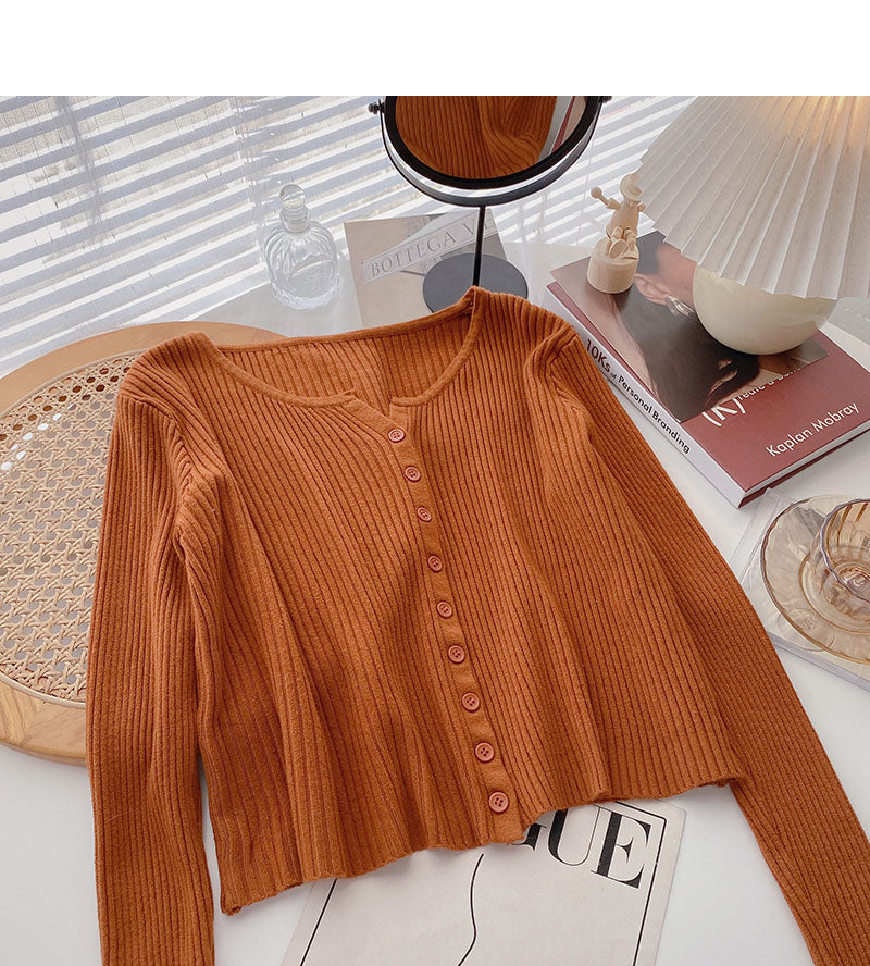 Knitted cardigan women's lazy style solid color versatile long sleeve top  6684