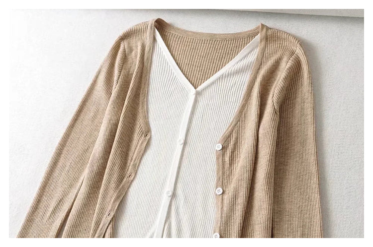 V-neck breasted color contrast fake two slim knit Cardigans  7471