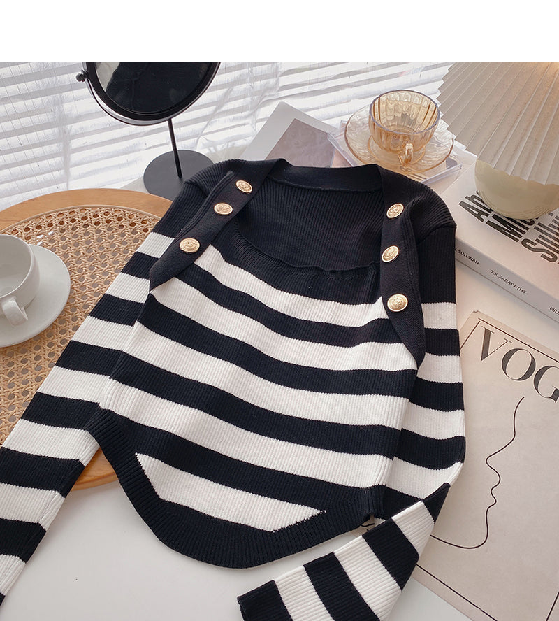 Striped square neck T-shirt thin long sleeve top  6489