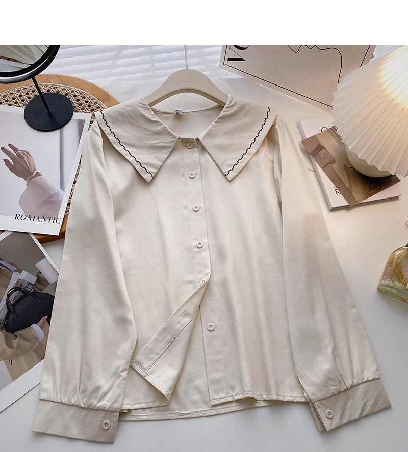 Solid color baby collar shirt long sleeve single breasted top  6422