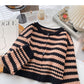 Rundhalspullover Cardigan Damen Streifen Kontrast Langarm 6068