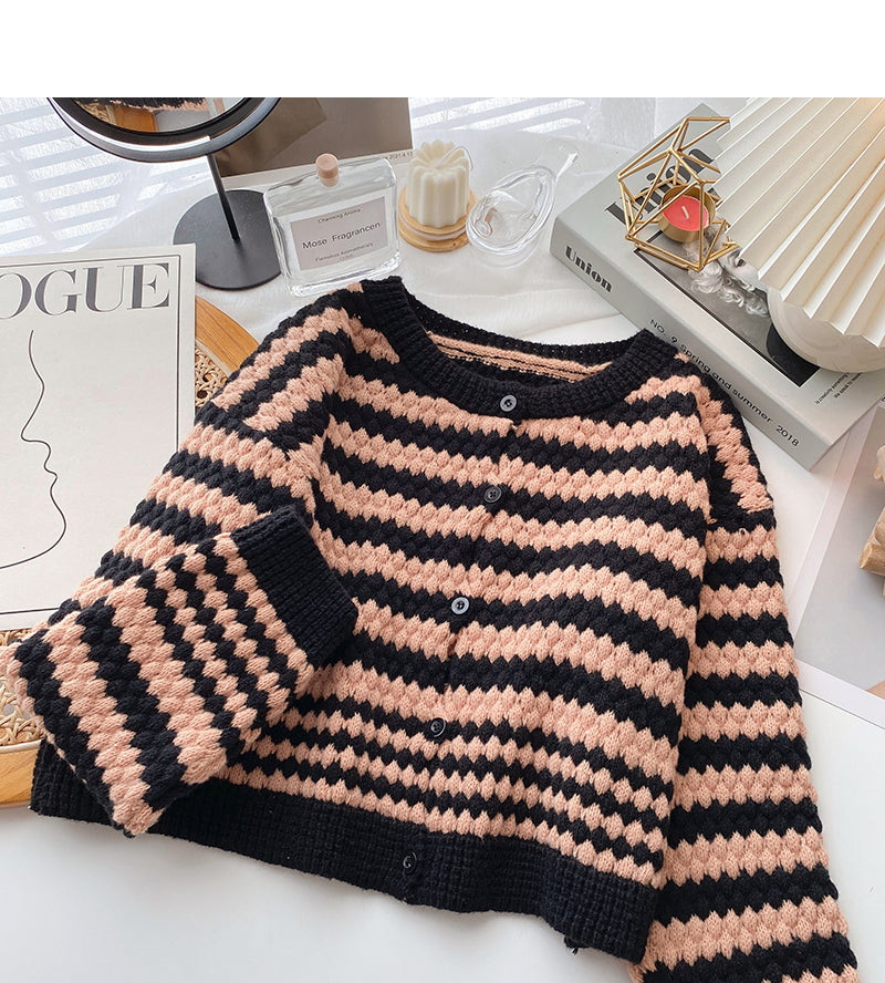 Rundhalspullover Cardigan Damen Streifen Kontrast Langarm 6068