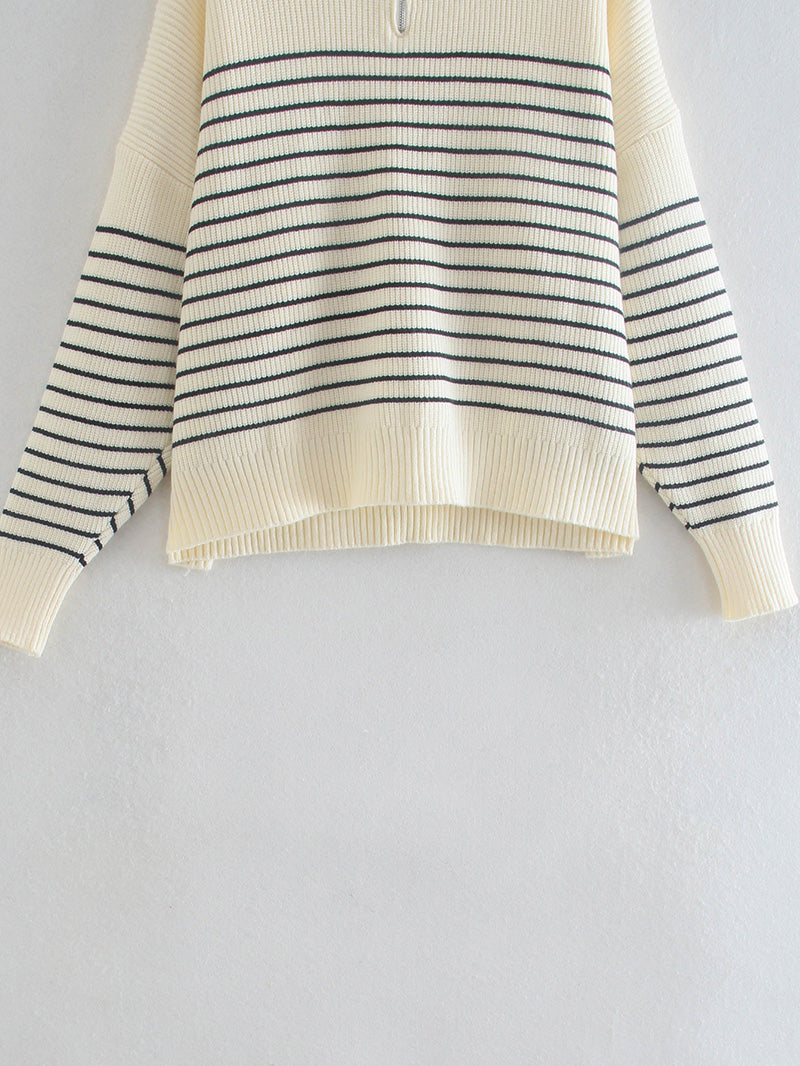 Versatile loose lazy high neck striped sweater  7343