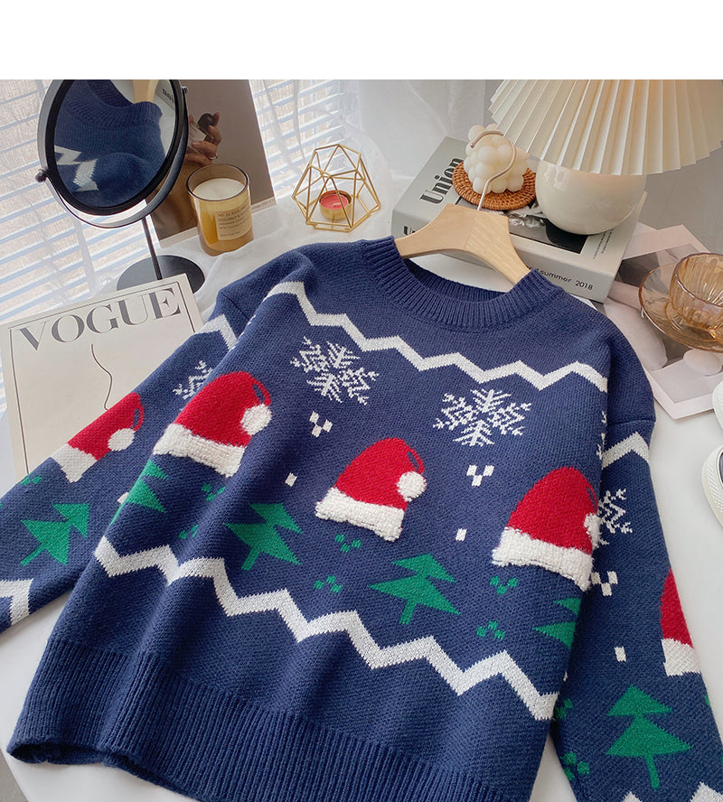 Weihnachtsmütze Jacquard Kontrast Pullover Langarm Pullover Top 6161