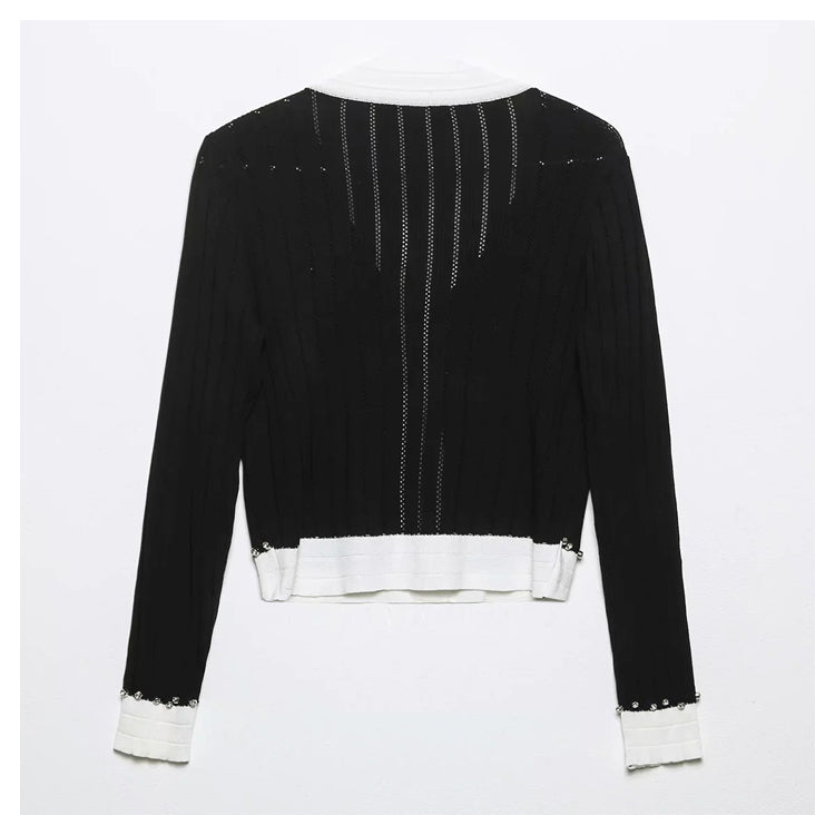 Xiaoxiangfeng V-neck heavy industry rivet bow knit cardigan  7294
