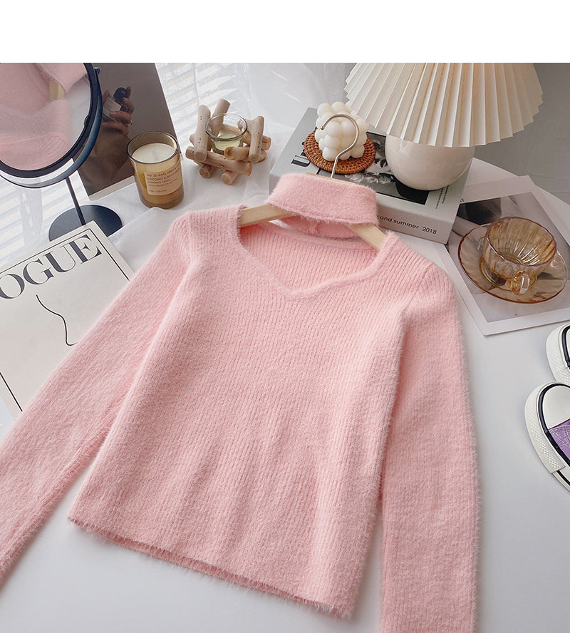 Imitation mink pure color sweater hollow neck top  6061
