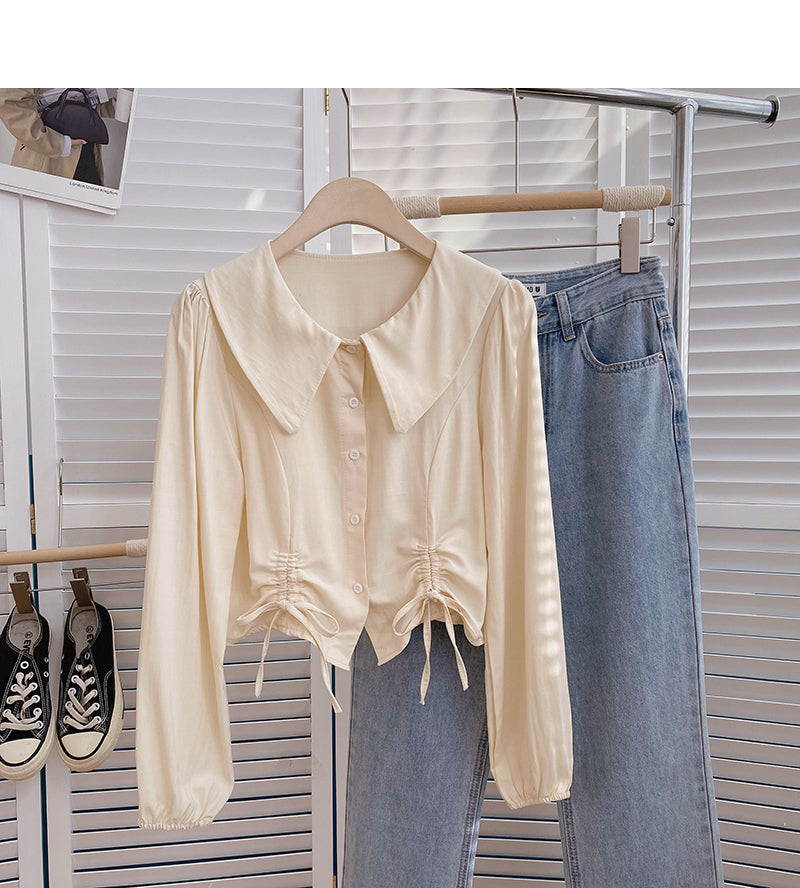 Baby collar single breasted shirt drawstring short slim top  6376