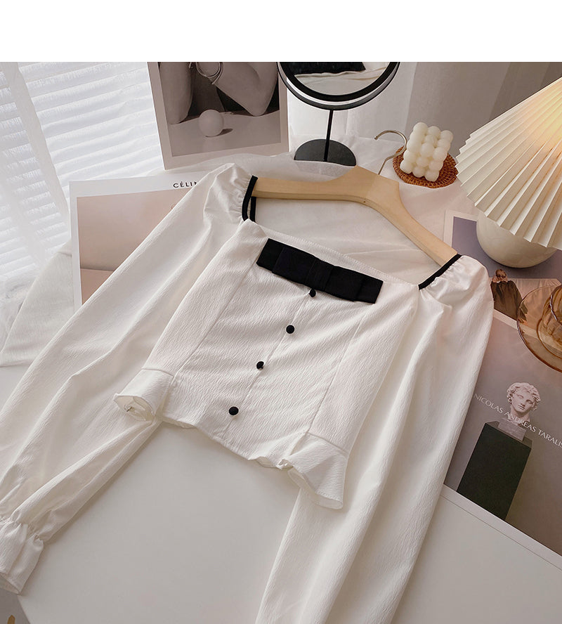 French leaky collarbone Square Neck Shirt  6415