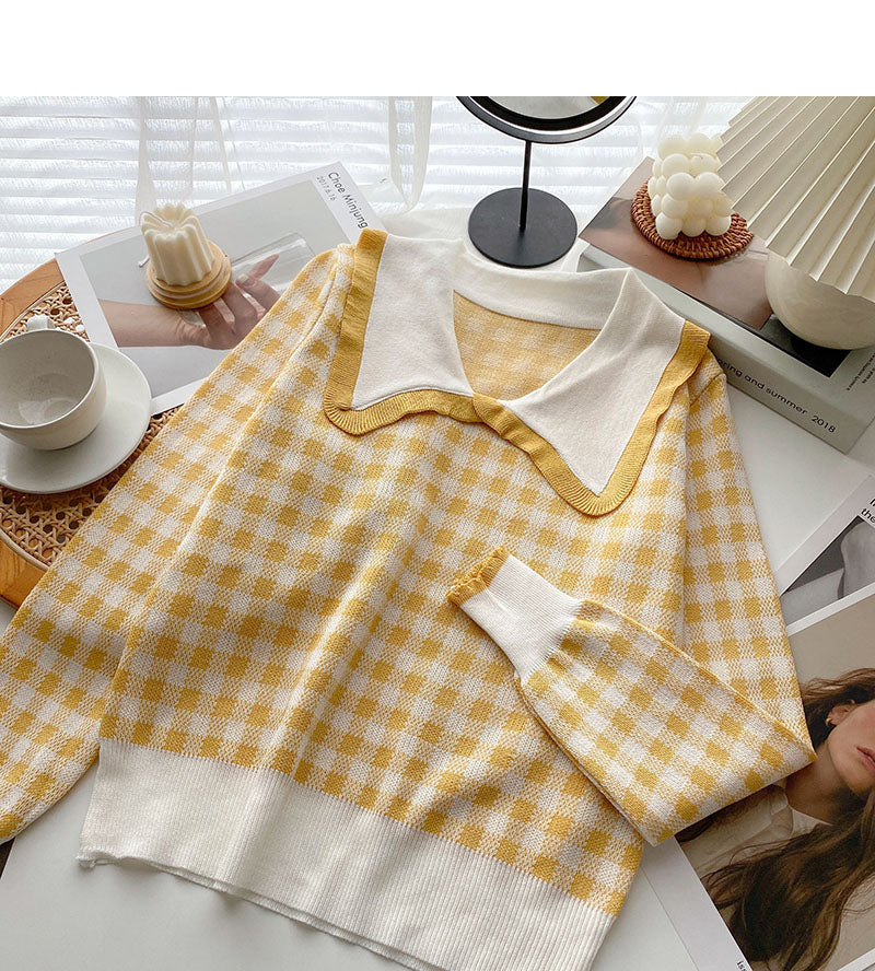 Alternder süßer kontrastkarierter Puppenkragen-Pullover Top 6678