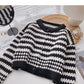 Korean version of foreign style aging stripe design long sleeve top  5914