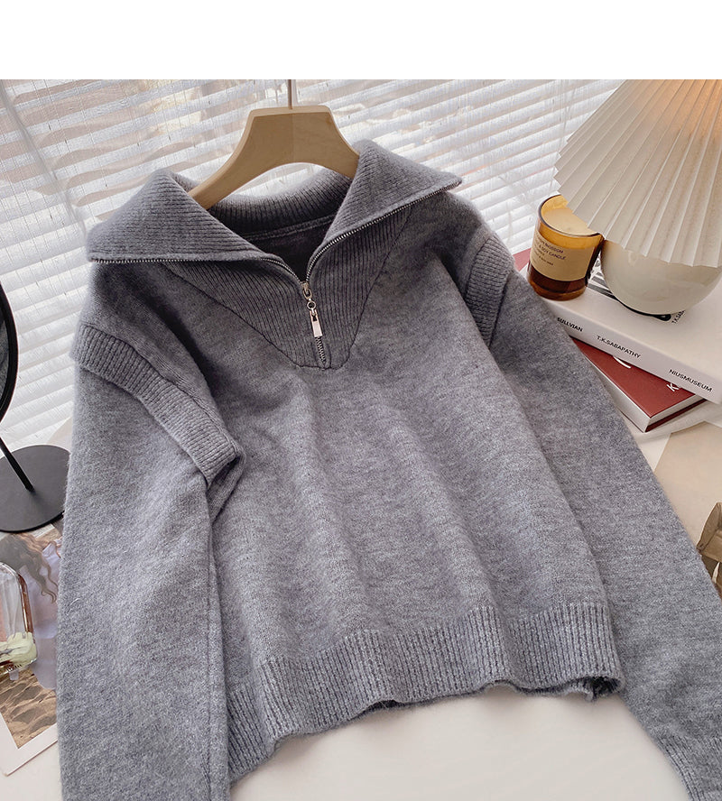 Lazy niche design Half Zip Lapel long sleeve loose top  6116