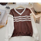 Striped V-neck color blocking long sleeve T-shirt  6488