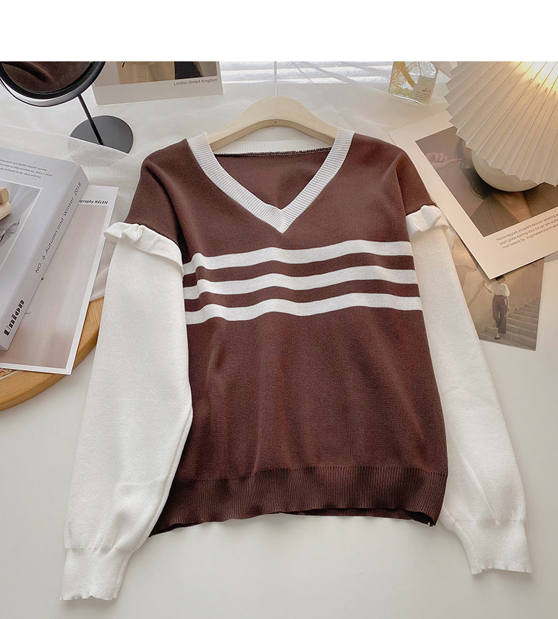 Striped V-neck color blocking long sleeve T-shirt  6615