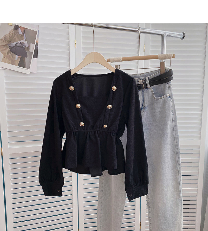 Niche design double breasted Square Neck Shirt  6360