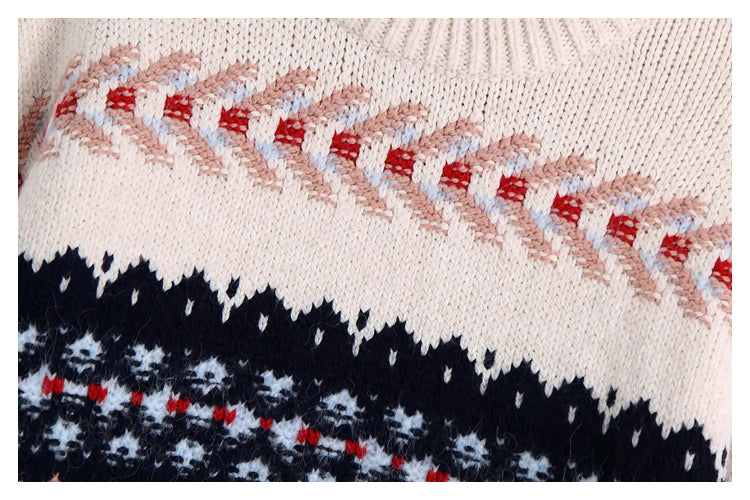 Pull vintage en maille jacquard lâche et décontractée 7490
