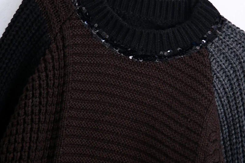 Fashion loose round neck Beaded patchwork sweater  7512