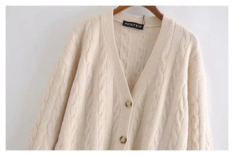 Loose V-neck 8-strand knitted open lined jacket sweater  7192