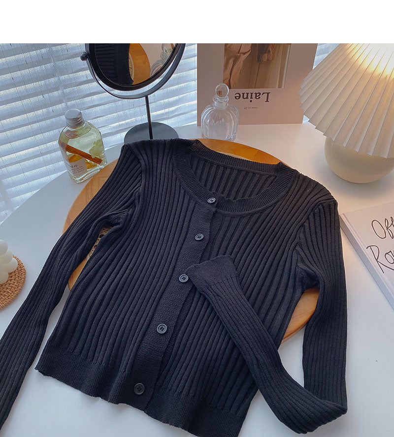 Koreanische Version, dünne, langärmlige, vielseitige, einfarbige Strickjacke mit Rundhalsausschnitt 6550