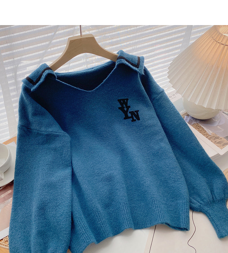Design personalized letter print contrast Navy collar long sleeve top  6012