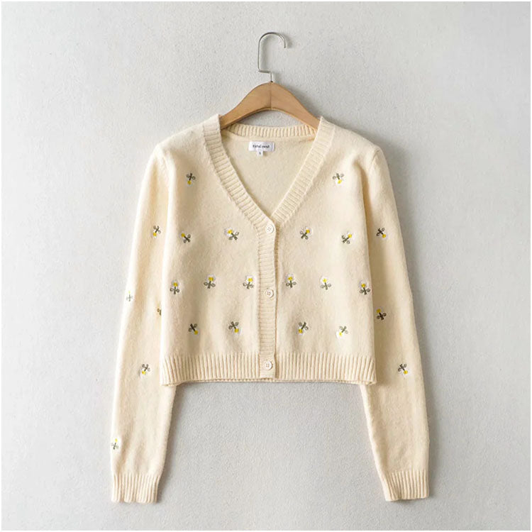 Cardigan à boutons brodés paresseux Pull polyvalent à col en V 7213