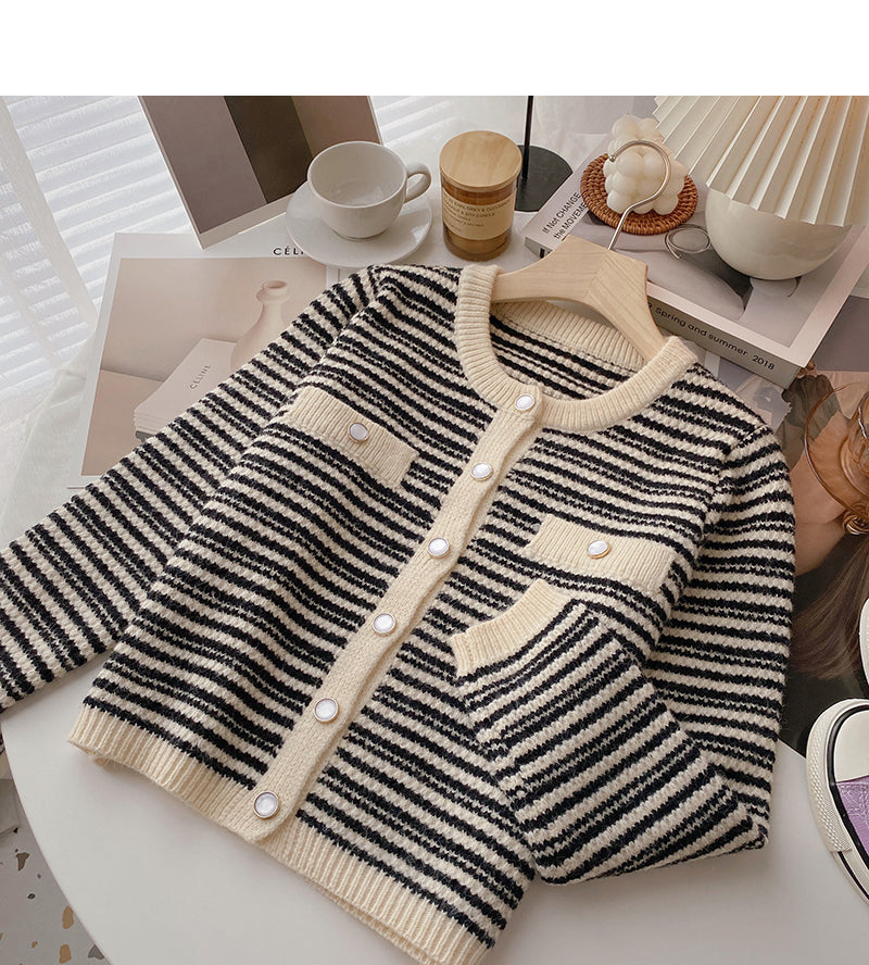 Single breasted crew neck Vintage stripe sweater  6202