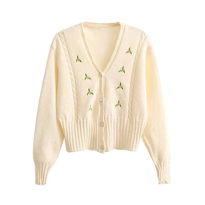 Embroidered V-neck button long sleeve short knit cardigan coat  7402