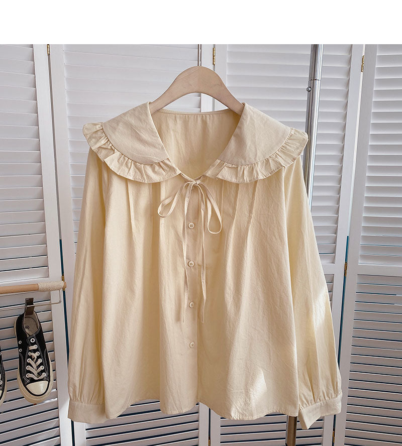 Chemise à manches longues avec cordon de serrage de couleur unie et col de poupée, cardigan 6347