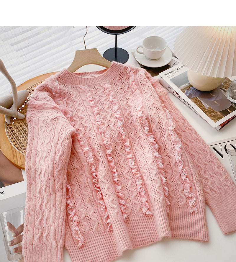 Design Sense, gewellter Spitzenpullover, lockeres, süßes Oberteil mit Rundhalsausschnitt 6088