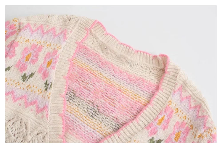 New sweet hollow flower jacquard V-neck knitted coat sweater  7373