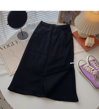 Hong Kong style retro fashion split high waist A-shaped medium and long skirt  5706