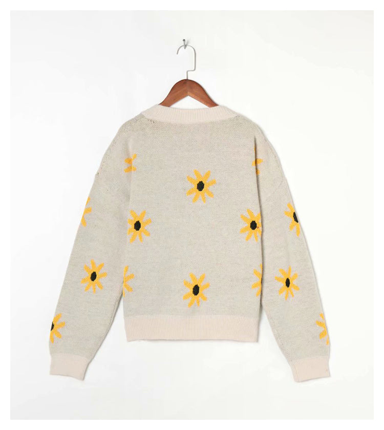 Cardigan tricoté à col en V et imprimé floral, manteau pull d'automne 7257