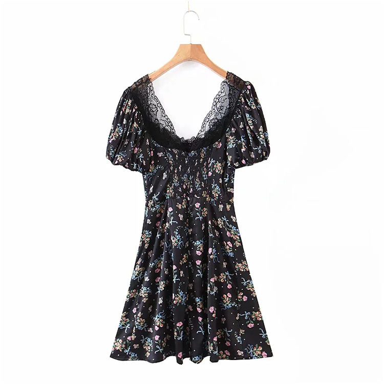 Small floral skirt sexy waist closing bubble sleeve  7140