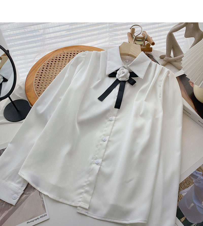Korean basic solid color retro floret bow shirt  6433