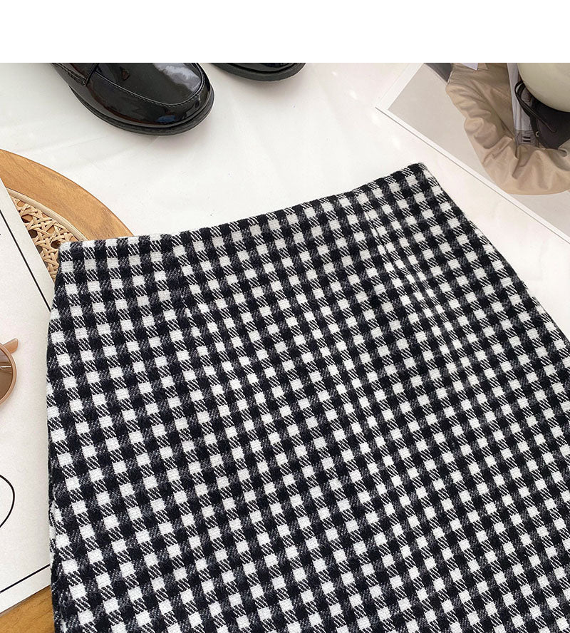 High waist Plaid tweed Hip Wrap Skirt shows thin A-line skirt  5515
