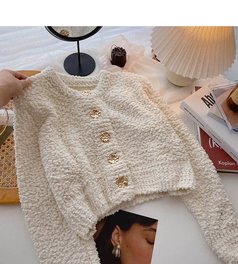 Korean version single breasted retro fashion slim short long sleeve top  5984