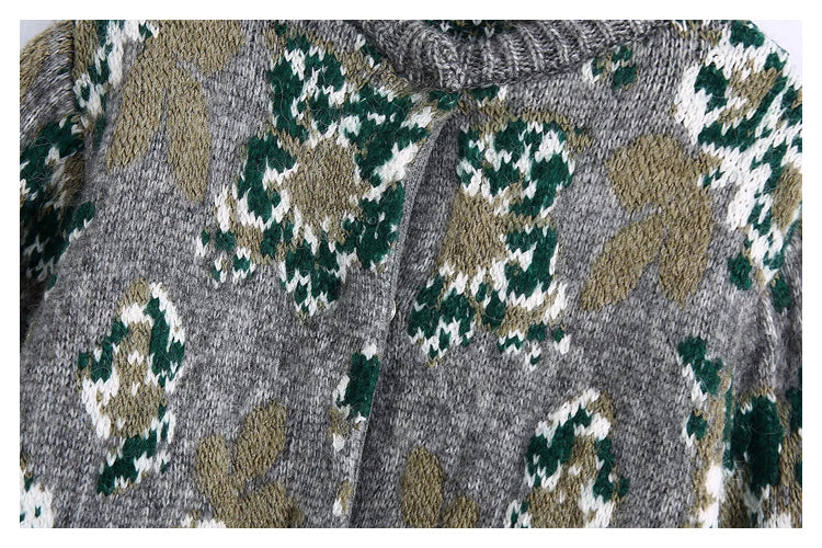 Nouveau pull cardigan tricoté en jacquard fleuri vintage 7495