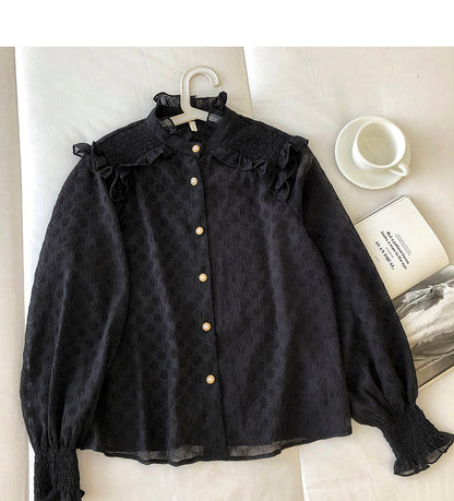 Round neck single breasted chiffon blouse with fungus edge  6258