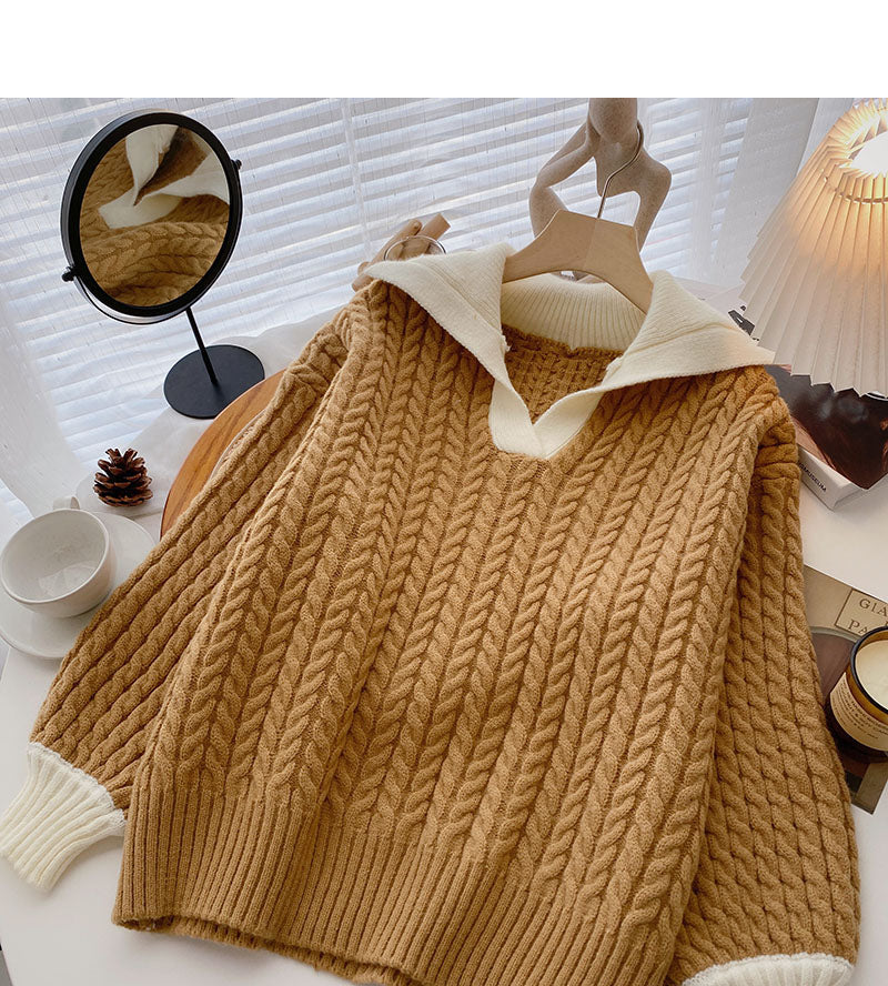Loose and lazy wind twist sweater color contrast Lapel top  6095