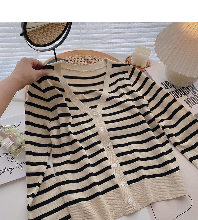 Long sleeve knitted stripe coat casual V-neck top  6518