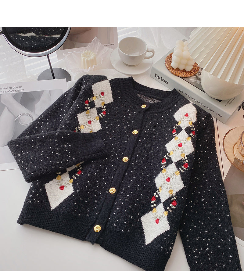 Vintage Pullover Cardigan 6078 mit floralem Kontrast und Rundhalsausschnitt