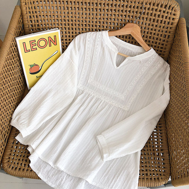 Lace stitched loose cotton linen long sleeved baby blouse  6231