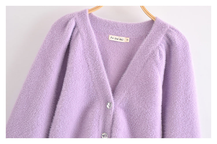 V-neck three button Lantern Sleeve Top Coat women's knitted cardigan  7237