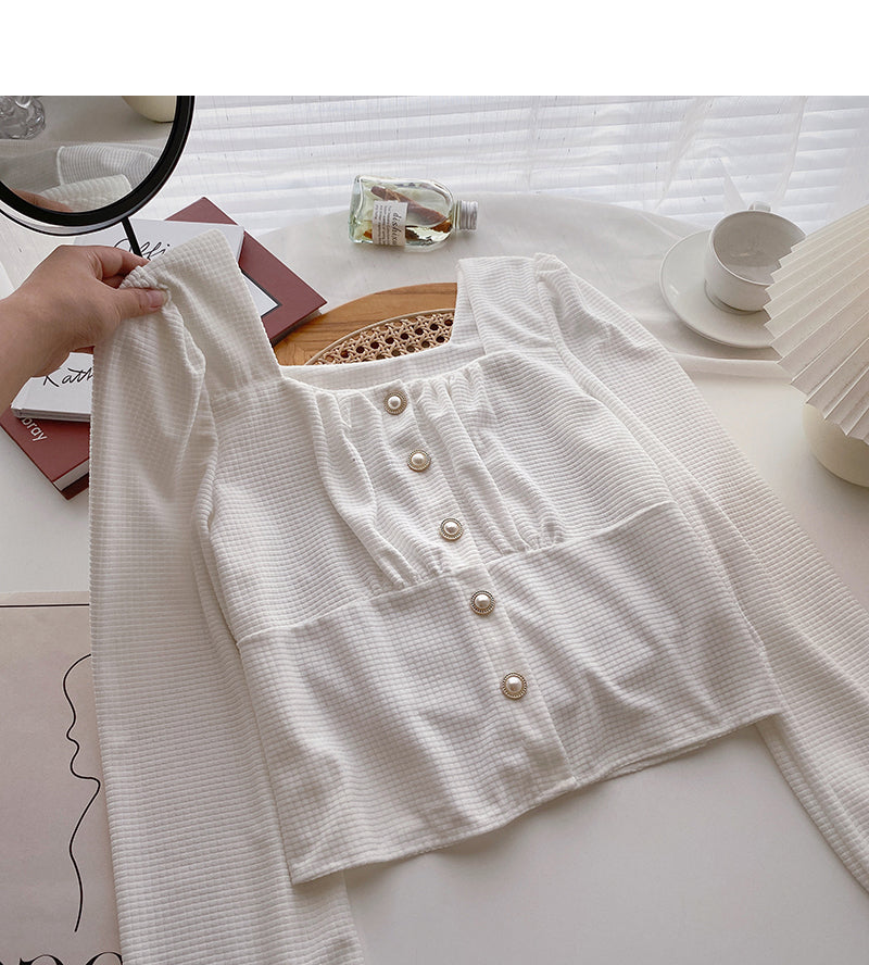 Small minority design Vintage pearl button square collar thin blouse  6306