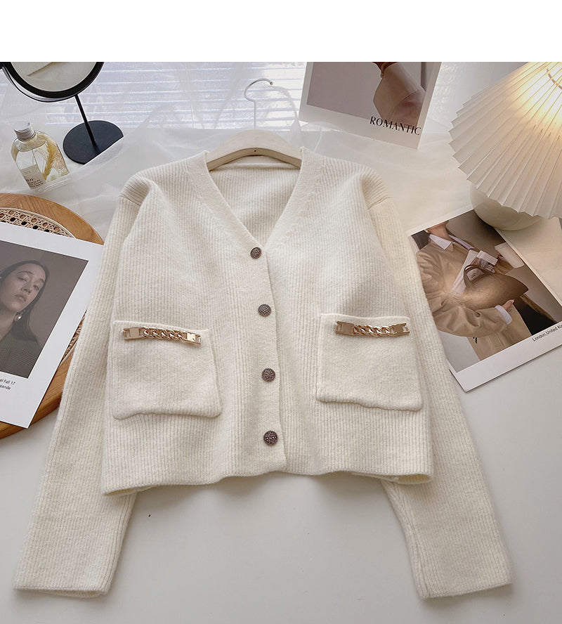 Korean small pocket chain design personalized fashionable V-neck top  6082